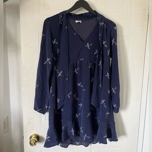 Wilfred By Aritzia 100 % Silk Dove Print Long sleeve Mini Navy Blue Dress